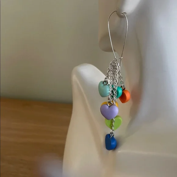 HAND CRAFTED PASTEL HEART DANGLE EARRINGS Multicolor Rainbow Whimsical Tassel - Picture 5 of 12